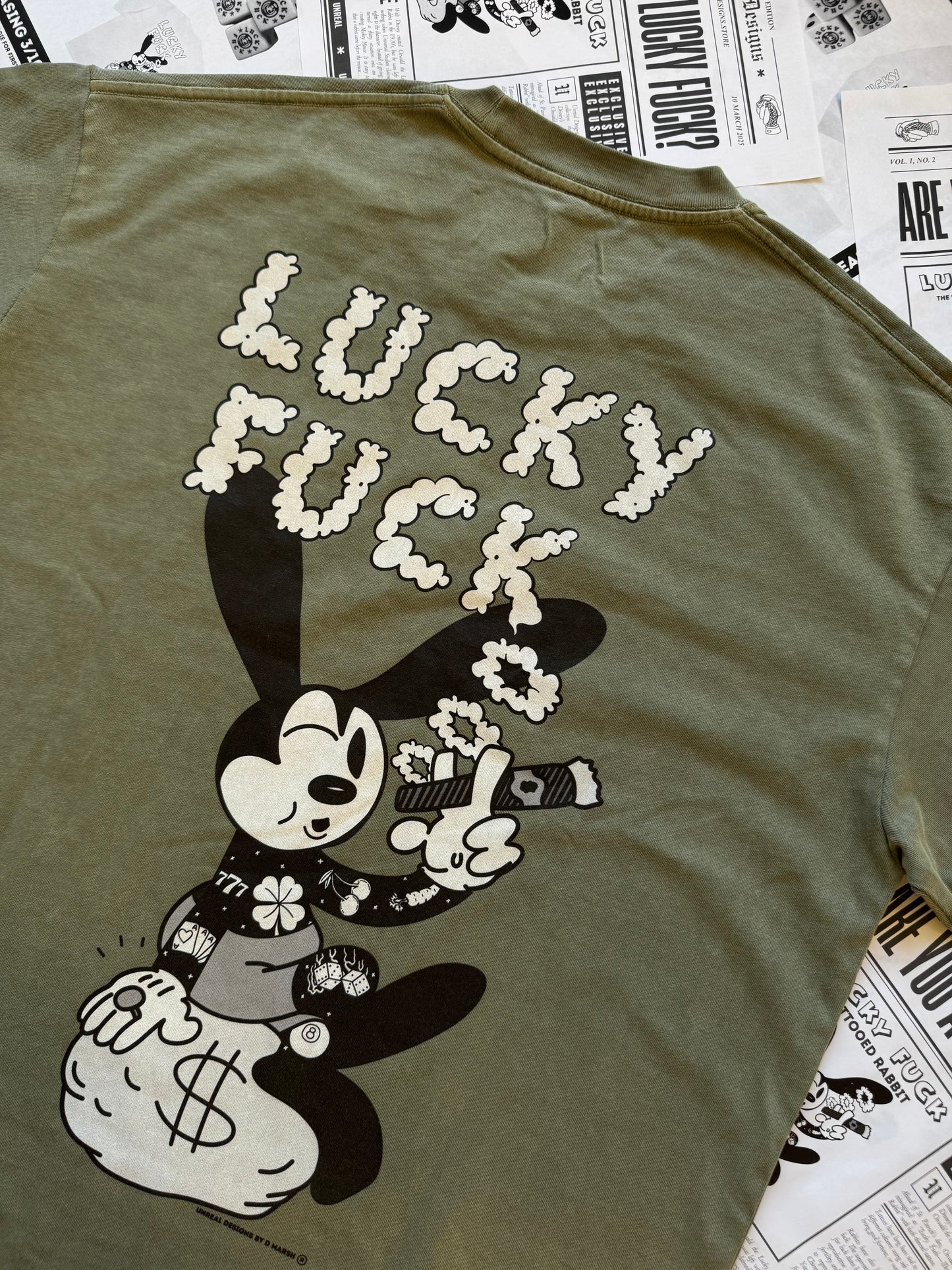 "LUCKY FUCK" Vintage-Washed Heavyweight Tee (Gray-Green)