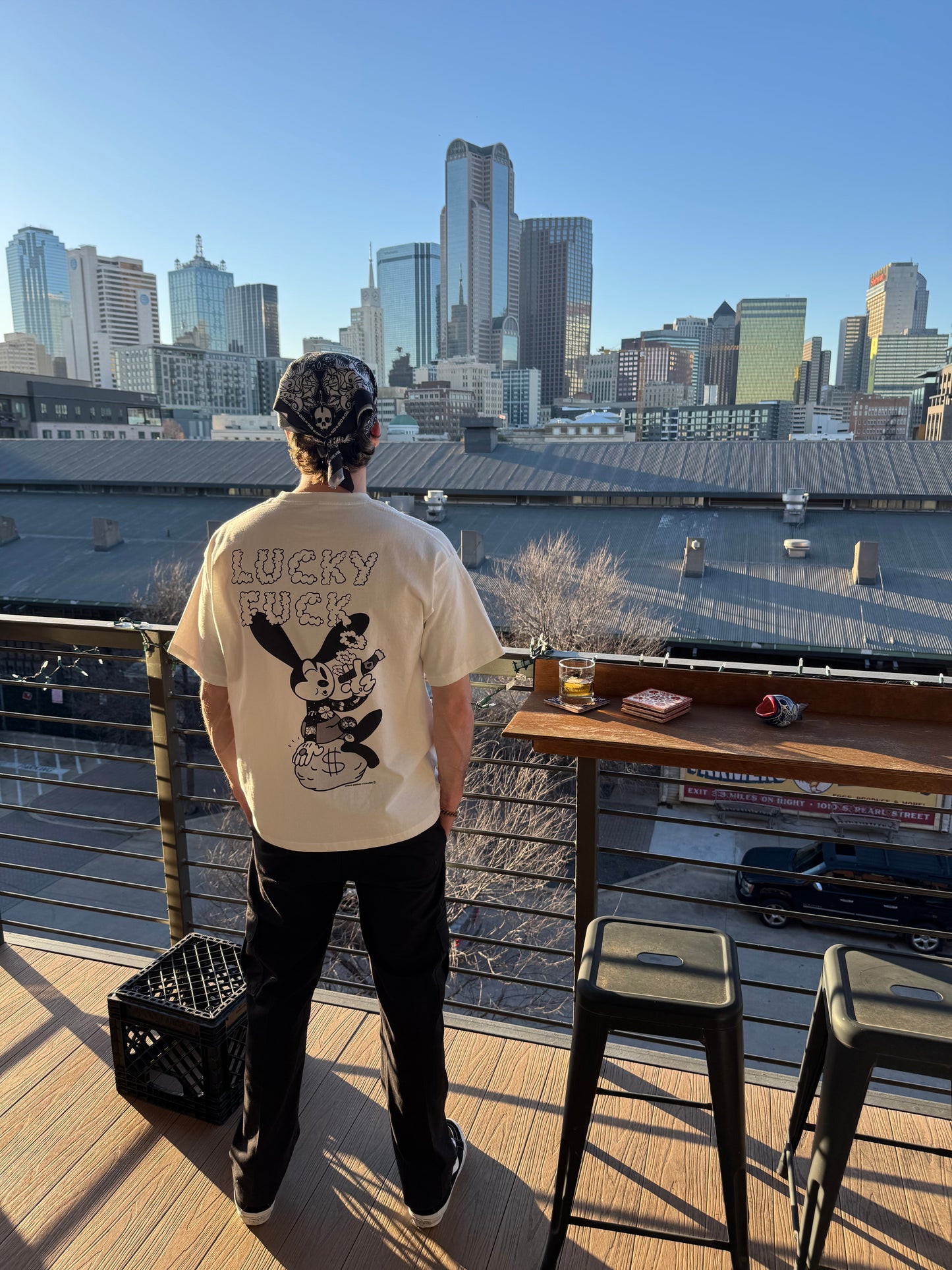 "LUCKY FUCK" Vintage-Washed Heavyweight Tee (Gray-Green)