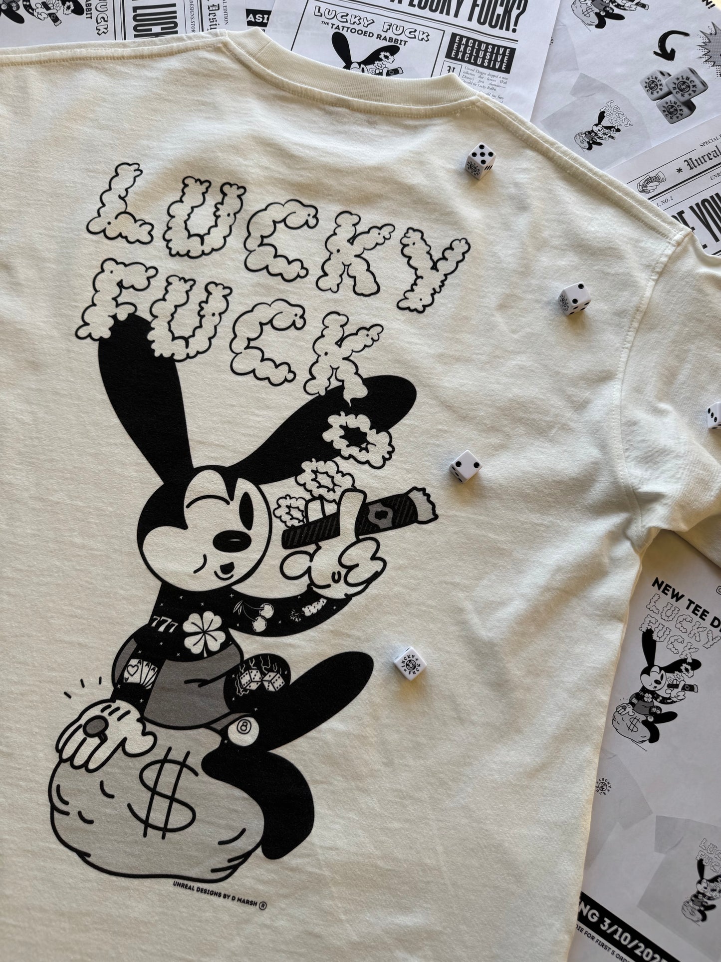 "LUCKY FUCK" Vintage-Washed Heavyweight Tee (White)