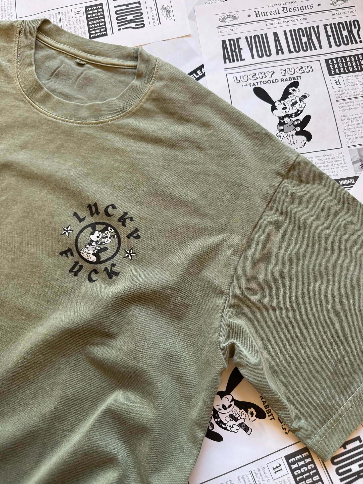 "LUCKY FUCK" Vintage-Washed Heavyweight Tee (Gray-Green)