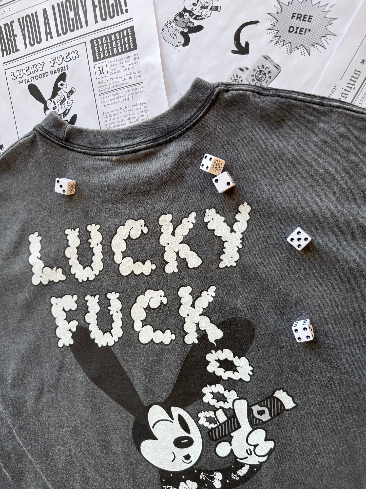 "LUCKY FUCK" Vintage-Washed Heavyweight Tee (Gray)
