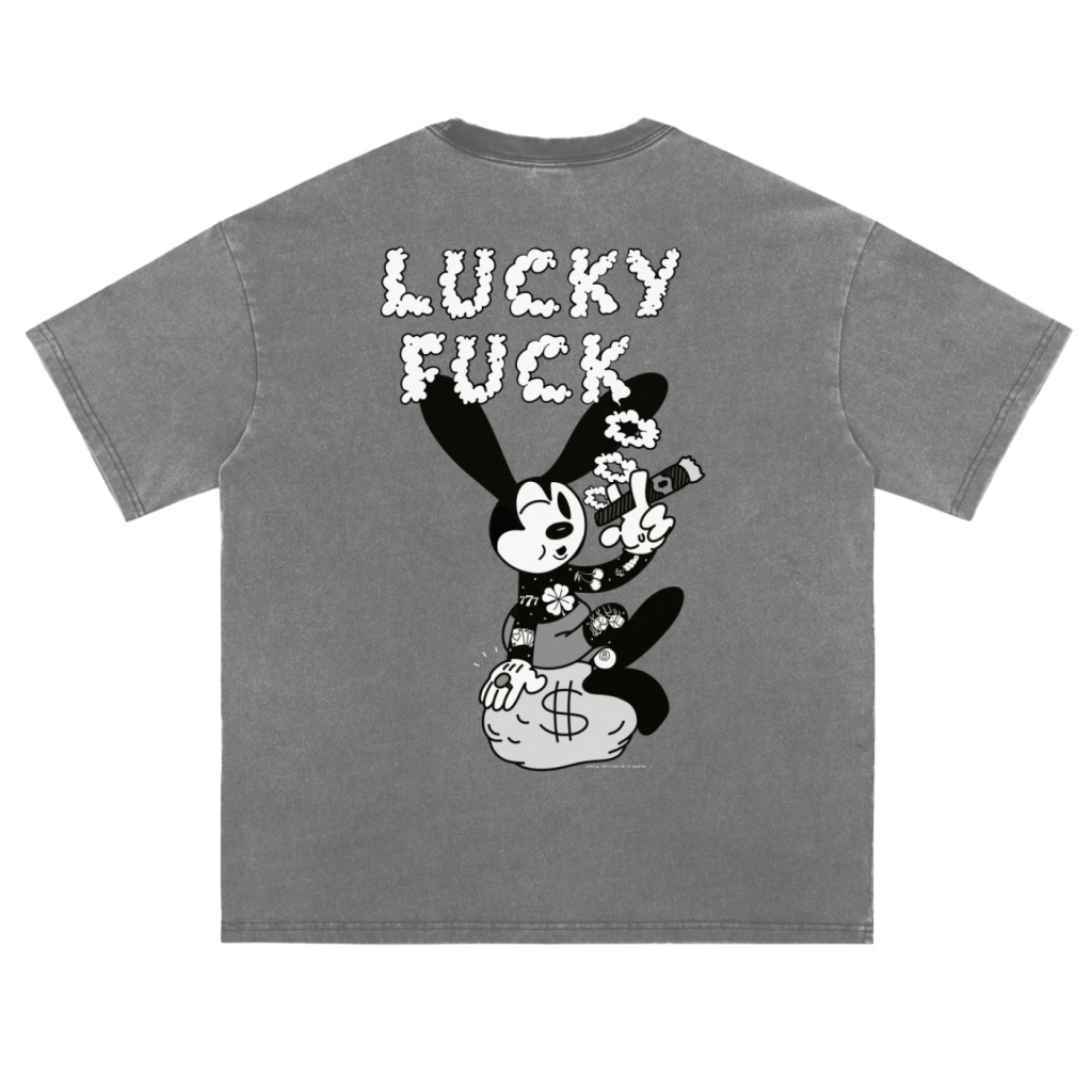 "LUCKY FUCK" Vintage-Washed Heavyweight Tee (Gray)
