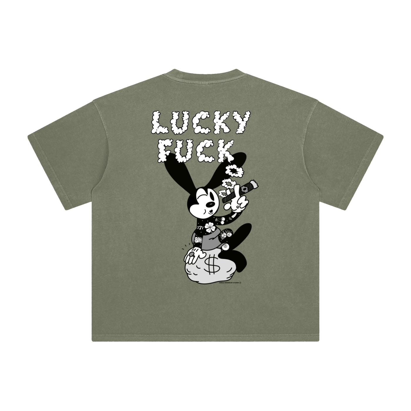 "LUCKY FUCK" Vintage-Washed Heavyweight Tee (Gray-Green)